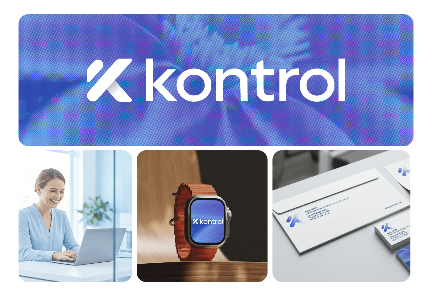 Kontrol healthcare RCM brand collage with logo, healthcare worker, watch mockup, and stationery