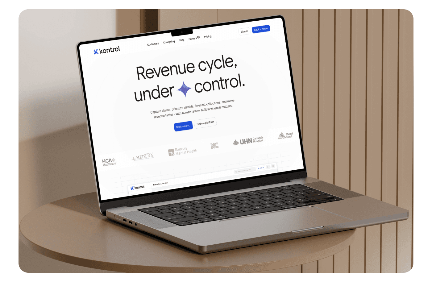 Kontrol healthcare RCM SaaS website shown on a laptop