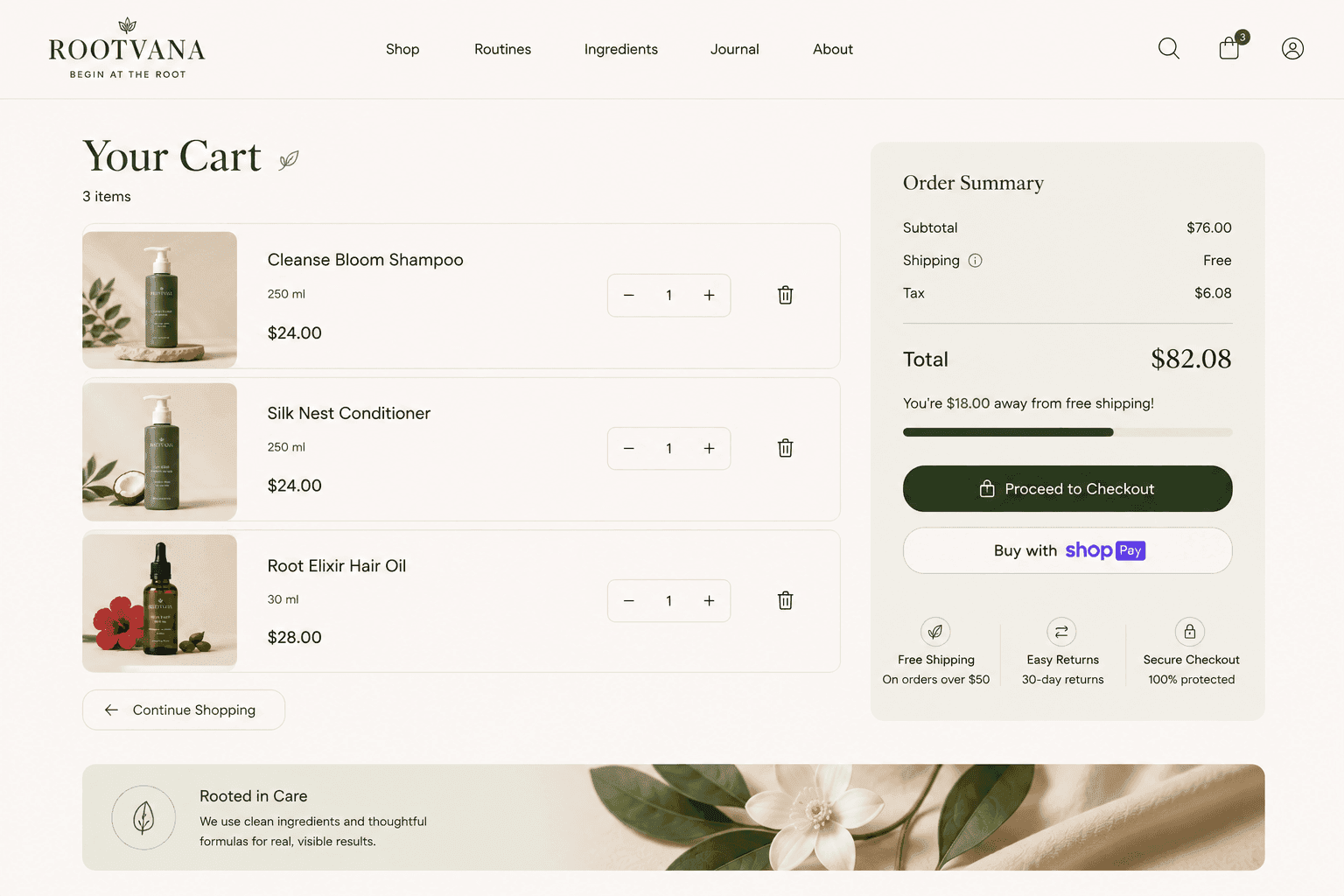 Rootvana cart and checkout page