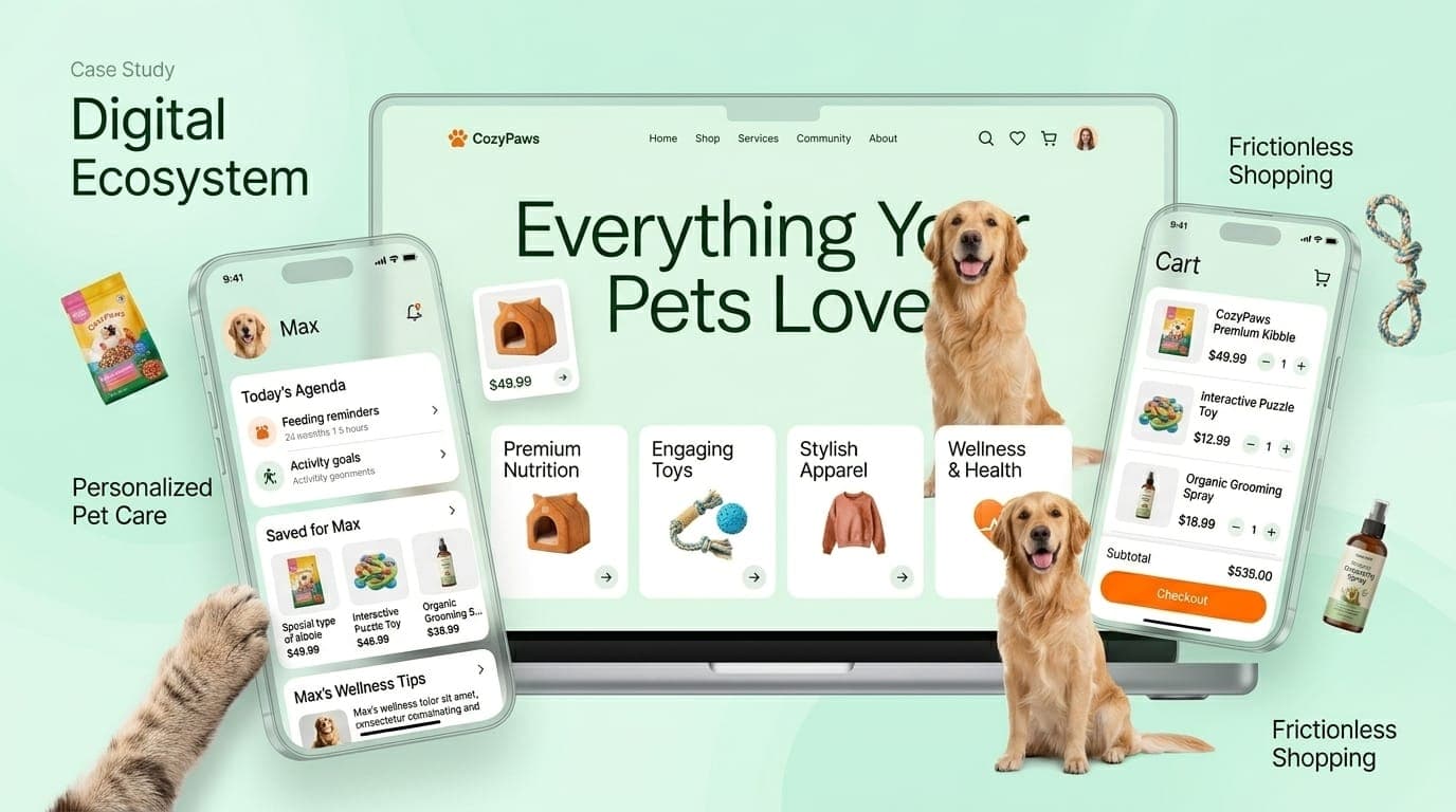 CozyPaws digital ecosystem — web + two mobile mockups