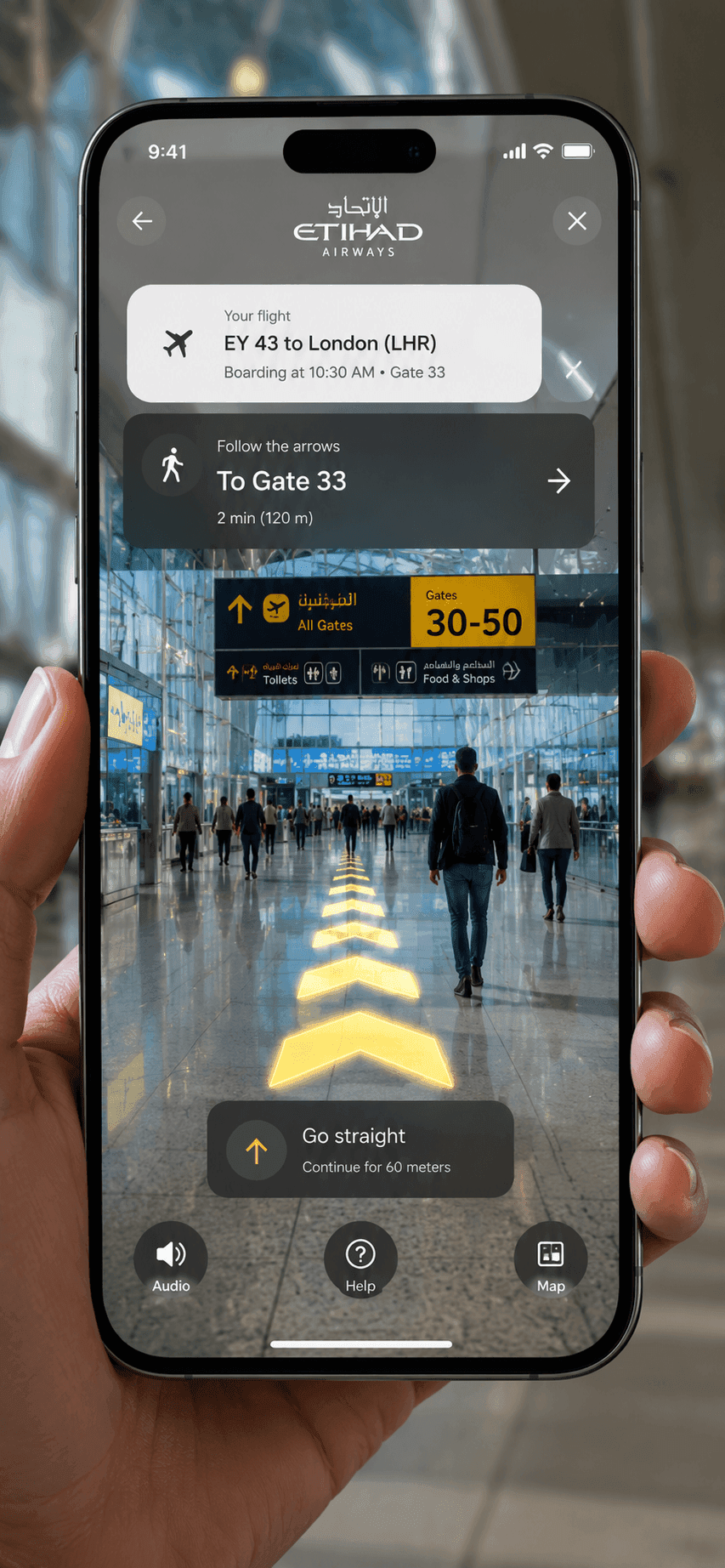 Etihad AR wayfinding concept leading a traveler to Gate 33